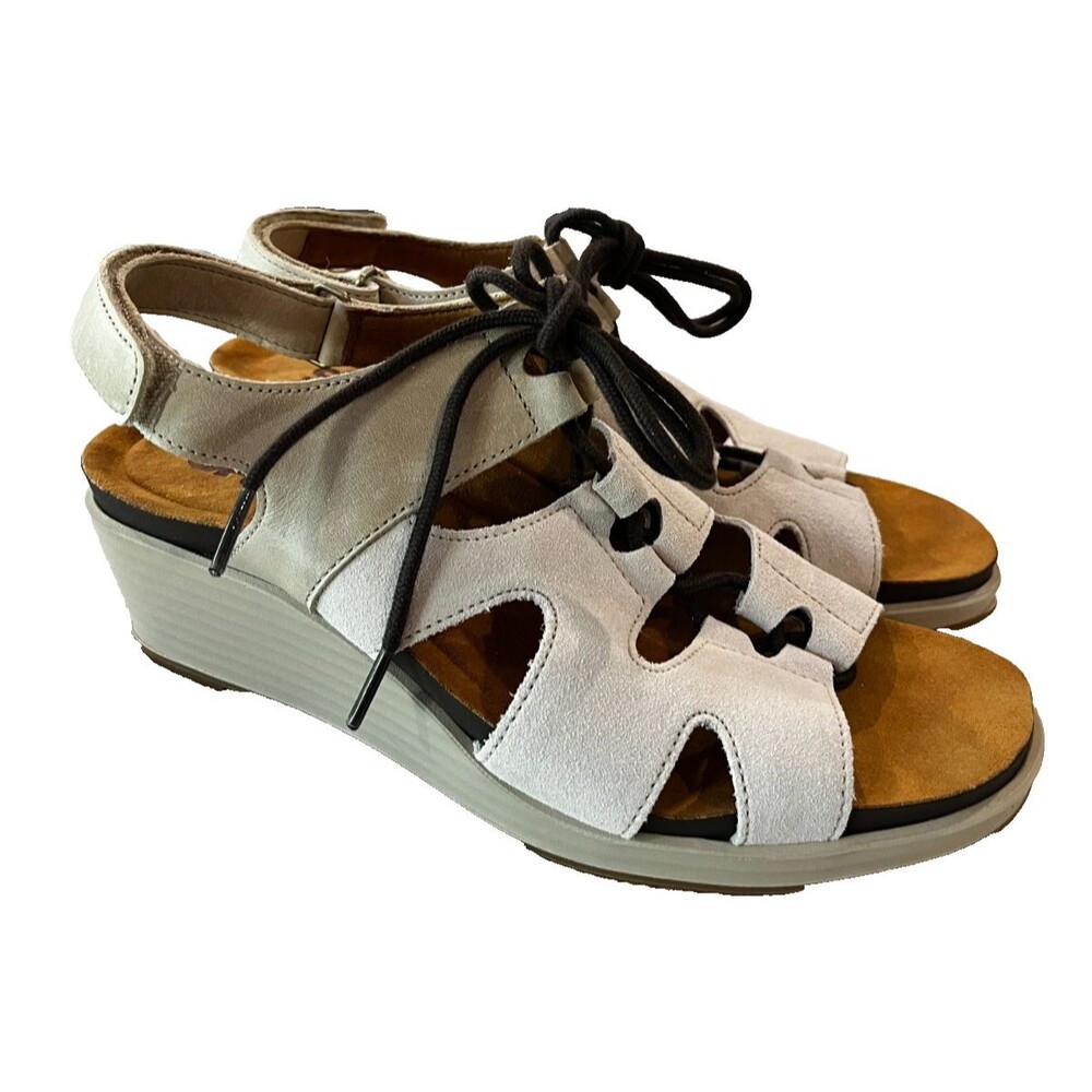 SAS Sedona Lace Up Wedge Sandal Suede Driftwood Cream Size 8 Block Heel 2424509